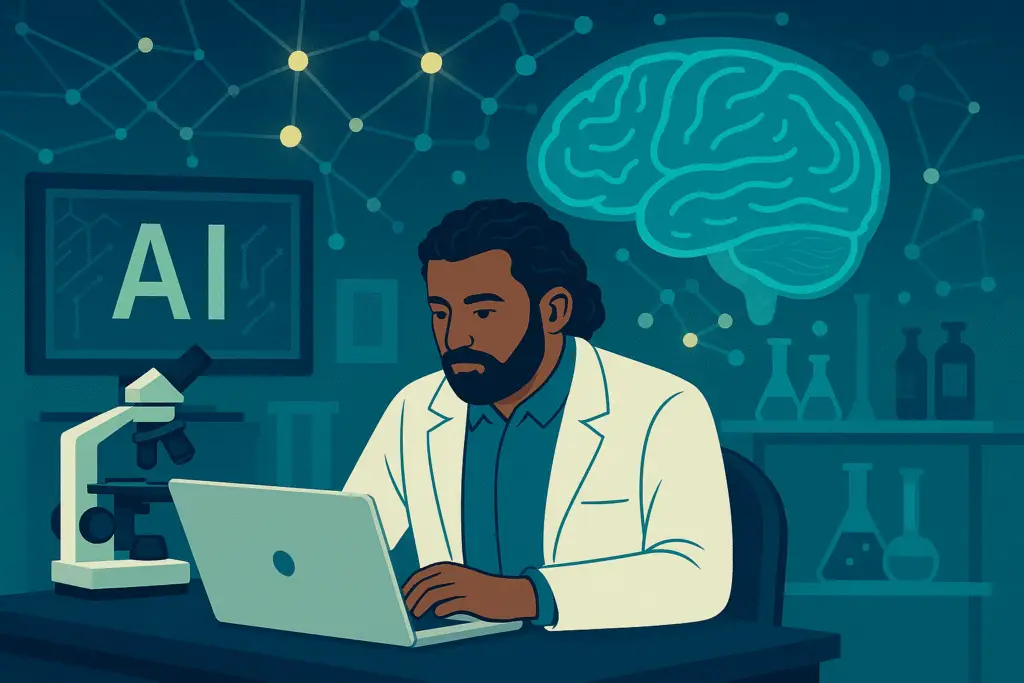 A digital illustration showing AI in scientific research, with a scientist using a laptop and microscope in a tech-driven lab setup, featuring a neural network and brain diagram.