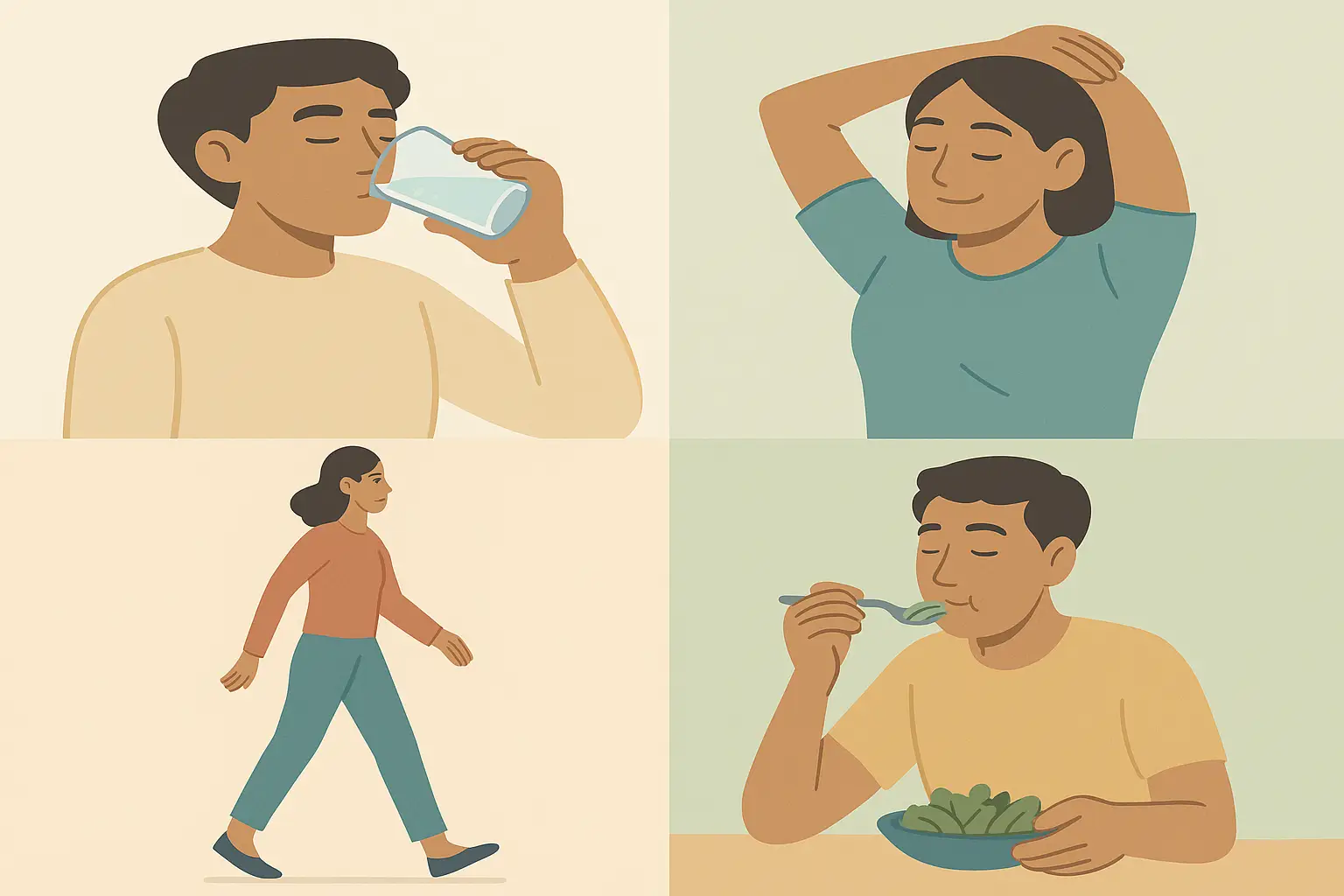 A person practicing daily wellness routines like stretching, drinking water, and walking after meals — symbolizing healthy micro habits for fat loss.